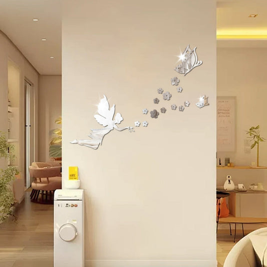 Angelic Flying Mirror Wall Stickers, Fairy Scattering Flowers Acrylic DIY Decorations for Living Room and Dining Room, New Arrival Butterfly and Flower Designs eprolo