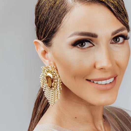 Exaggerated Style Alloy Diamond Rhinestone Water Drop-Shaped Glass Drill Tassel Earrings Female Super Flash Dinner Claw Chain Earrings eprolo