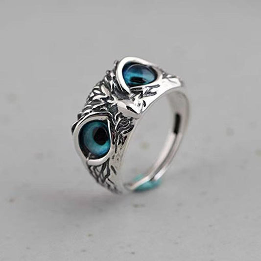 Plain Silver Retro Blue Glasses Owl Jewelry Ring Men And Women Design Owl Ring