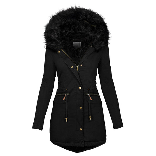 Women's Plush Hooded Parkas Winter Warm Thick Zip-up Jackets Casual Mid-length Solid Buckle Pockets Coat Outerwear Clothing