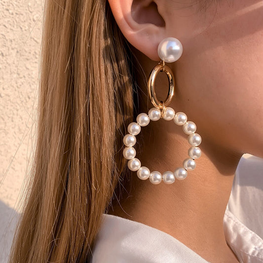 Retro Temperament Cold Wind Imitation Pearl Earrings Female Simple Geometric Metal Large Hoop Earrings eprolo