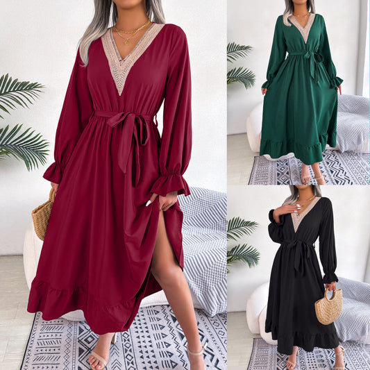 V-neck lace waist cinched lotus leaf edge skirt eprolo