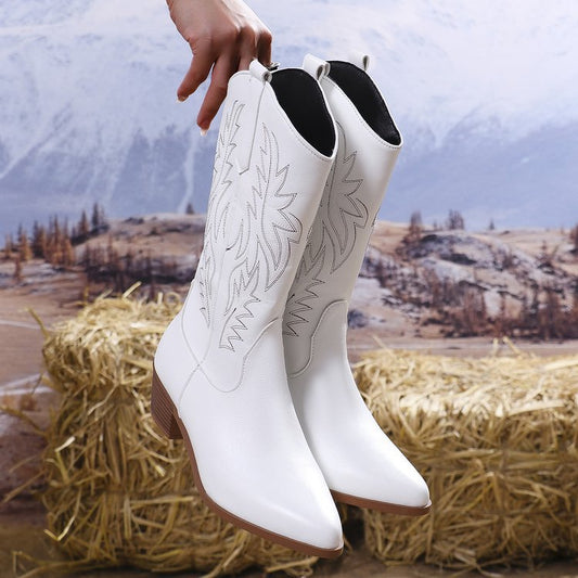 Vintage Tribal Pattern Chunky Heel Ankle Boots for Women with Embroidery Round Toe Martin Boots eprolo
