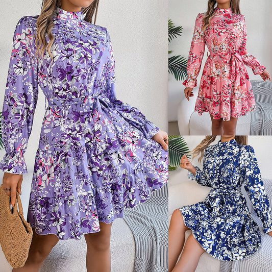 Elegant stand up collar flower waist cinched long sleeved ruffled A-line skirt eprolo