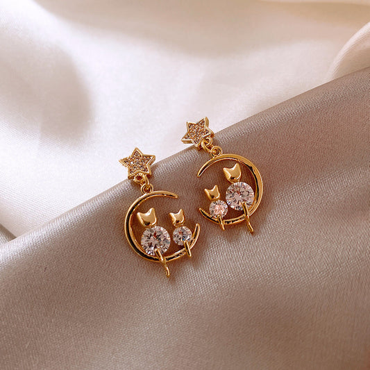 925 Silver Needle Korean Personalized Zircon Cat Earrings Mesh Red Korean Edition Diamond Star Moon Earrings Elegant Versatile Women eprolo