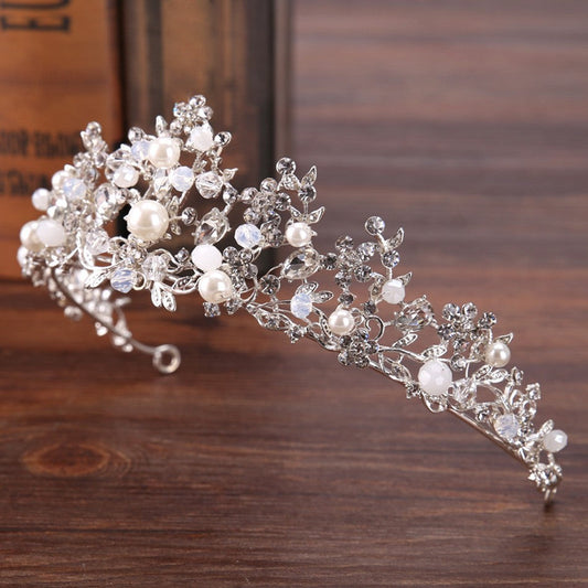 Silver Crystal Bridal Tiara With Pearls Headband Wedding Crown For Brides Marriage Accessories eprolo