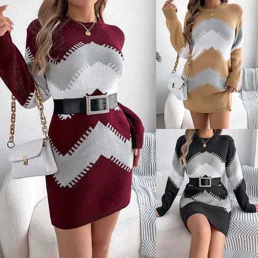 Casual color blocked lantern sleeve sweater dress eprolo