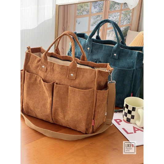 Autumn Winter Multi-Pocket Thick Corduroy Simple Commuter Tote Student Leisure Literary Handbag Shoulder Bag eprolo