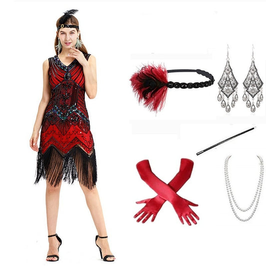 Vintage Gatsby Dress with Front and Back V-Neck Beaded Sequin Fringe 1920s Style Cocktail Party Performance Set eprolo