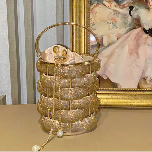 Woven Rhinestone Bucket Bag Woven Clutch Bags Women Boutique Multicolor Crystal Hollow Out Metal Purses And Handbags Wedding eprolo