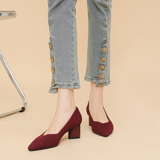 High heels for women thick heel pointed V-neck straight stripe solid color eprolo