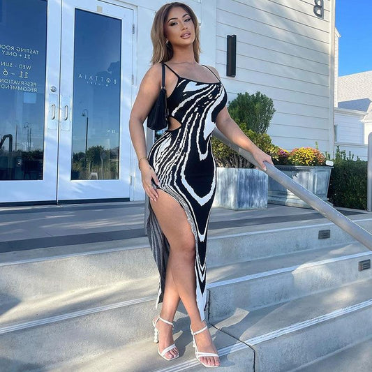 Printed sexy backless hollow slit suspender dress eprolo