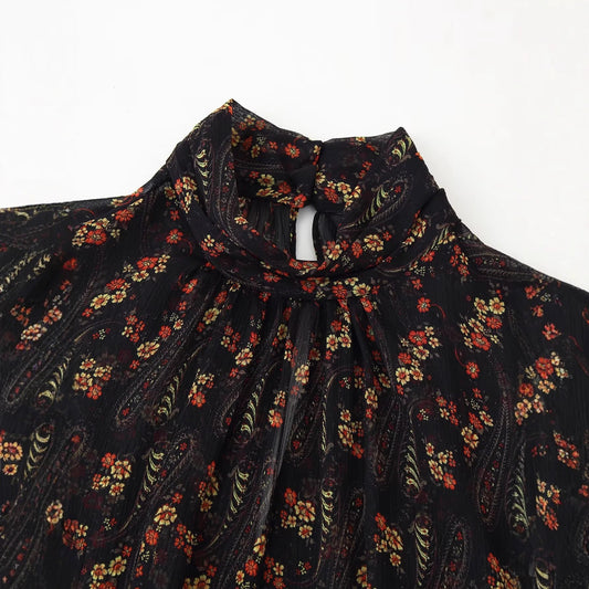 Half high neck flared sleeve printed short skirt dress for women eprolo