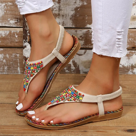 PU Leather Beaded Flat Sandals eprolo