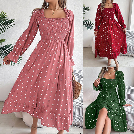 Casual fungus edge square collar polka dot long skirt eprolo