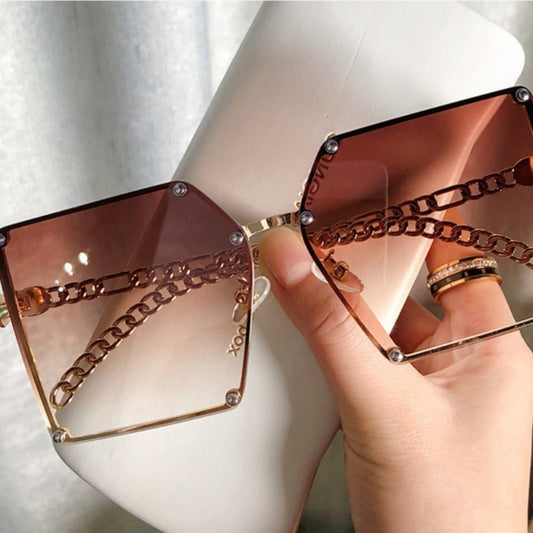 Frameless Big Square Sunglasses Women Fashion Personality Metal Chain Trendy Glasses