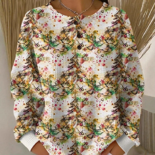 Retro 3D Digital Print Three-button Stand Collar Top