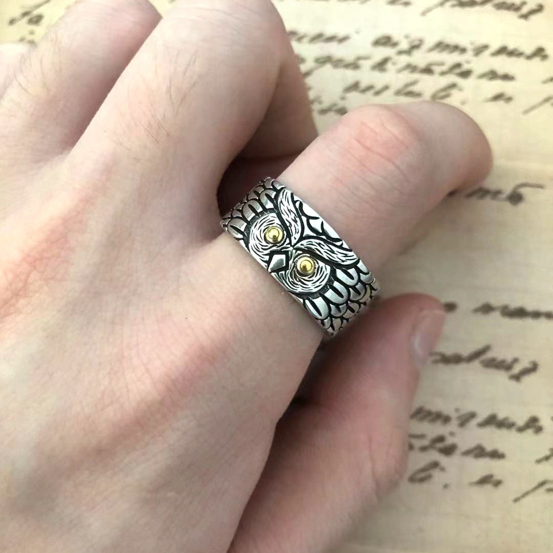 Plain Silver Retro Blue Glasses Owl Jewelry Ring Men And Women Design Owl Ring