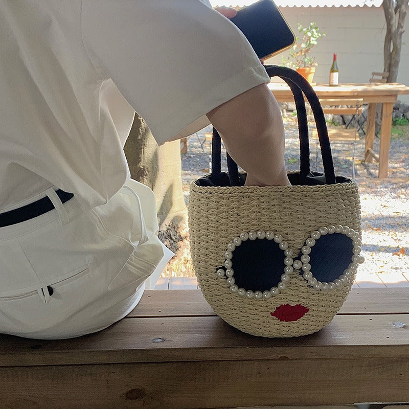 Japanese fashion rattan woven handbag, cute cartoon Japanese style water bucket woven bag eprolo