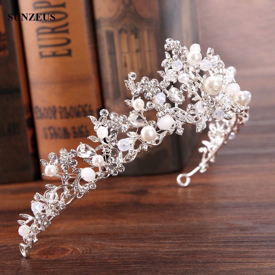 Silver Crystal Bridal Tiara With Pearls Headband Wedding Crown For Brides Marriage Accessories eprolo