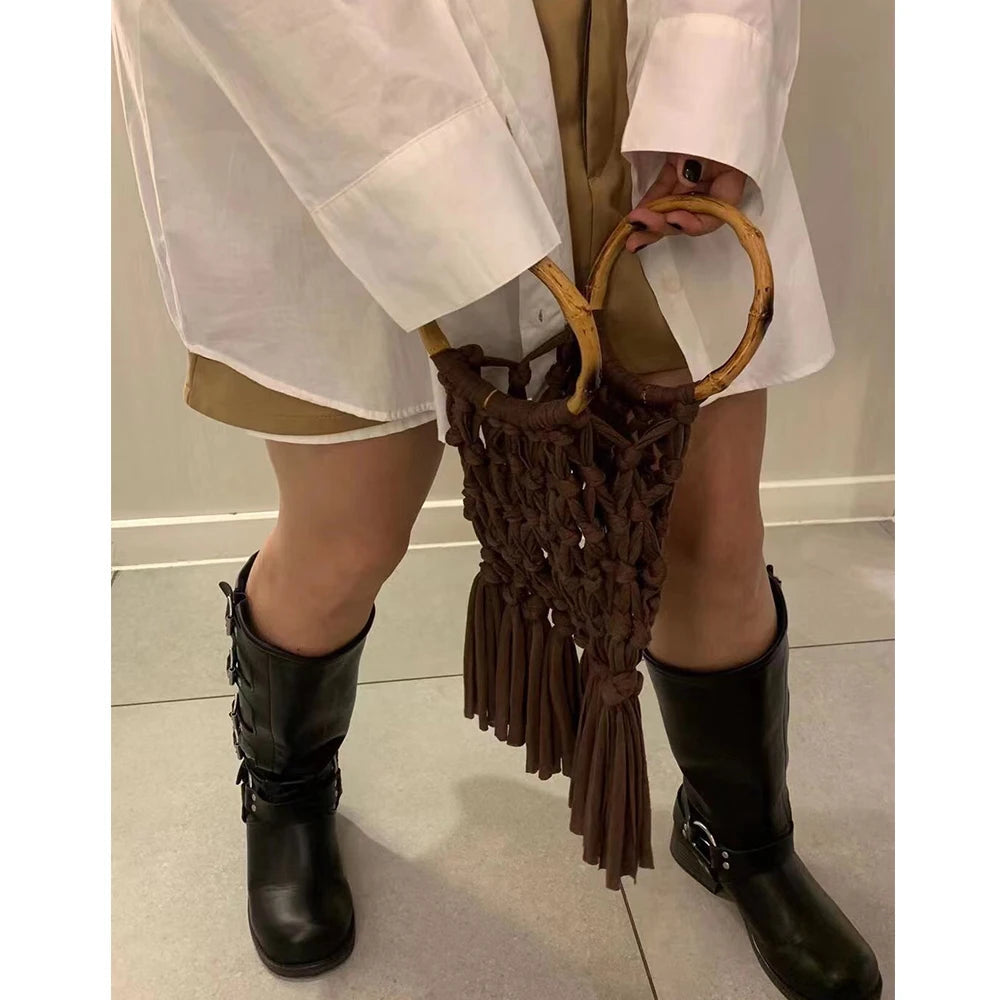 Cotton Knitted Tassel Hollow Bag DIY Hand Woven Bag Circular Handheld Small Bag eprolo