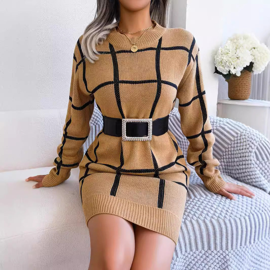 Casual contrasting plaid long sleeved base woolen dress eprolo