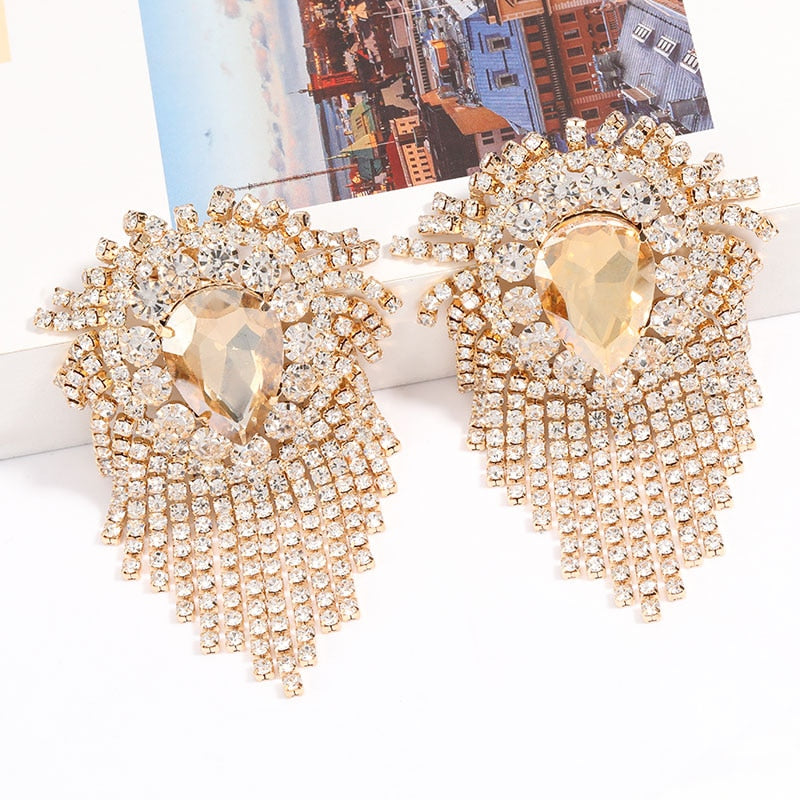 Exaggerated Style Alloy Diamond Rhinestone Water Drop-Shaped Glass Drill Tassel Earrings Female Super Flash Dinner Claw Chain Earrings eprolo