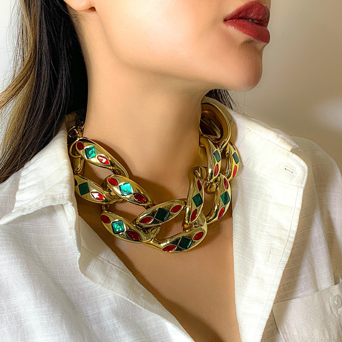 Exaggerated Colored Oil Clavicle Chain Necklace Geometric Buckle Resin Hip Hop Necklace Bracelet eprolo