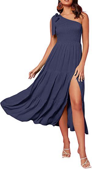 New Summer Fashion Women's One-shoulder Pleated Layered Hem Split Dress Shopera