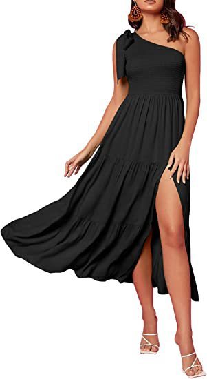 New Summer Fashion Women's One-shoulder Pleated Layered Hem Split Dress Shopera