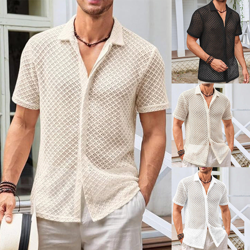 Summer Mesh Short Sleeve Shirt Fashion Solid Color Lapel Shirt Tops Beach Men Clothing Shopera