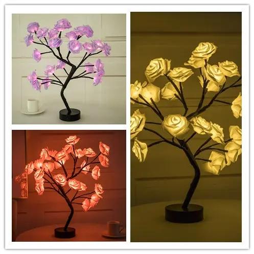 Rose Flower Lamp USB Battery Operated LED Table Lamp Bonsai Tree Night Lights Garland Bedroom Decoration Lights Home Decor null