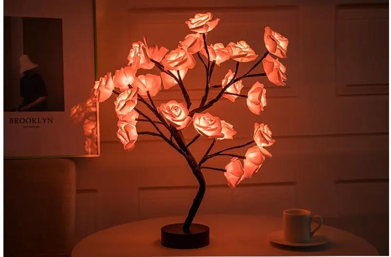 Rose Flower Lamp USB Battery Operated LED Table Lamp Bonsai Tree Night Lights Garland Bedroom Decoration Lights Home Decor null