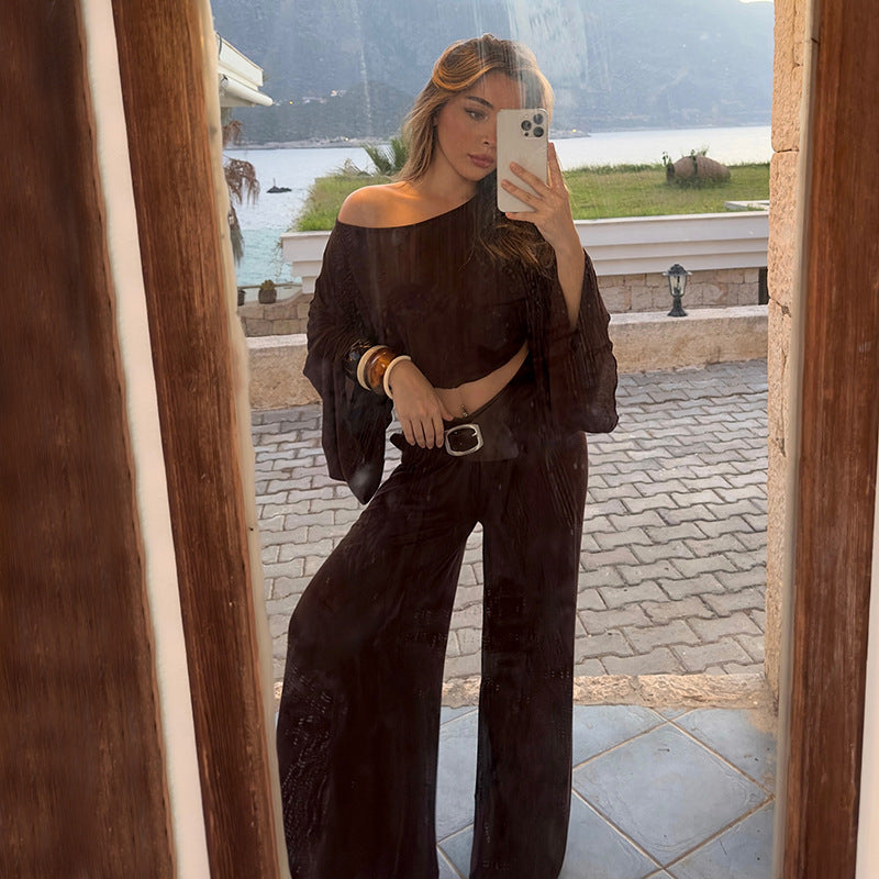 Autumn Women's Round Neck Pleated Crop with Elastic High Waist Wide Straight Leg Set eprolo