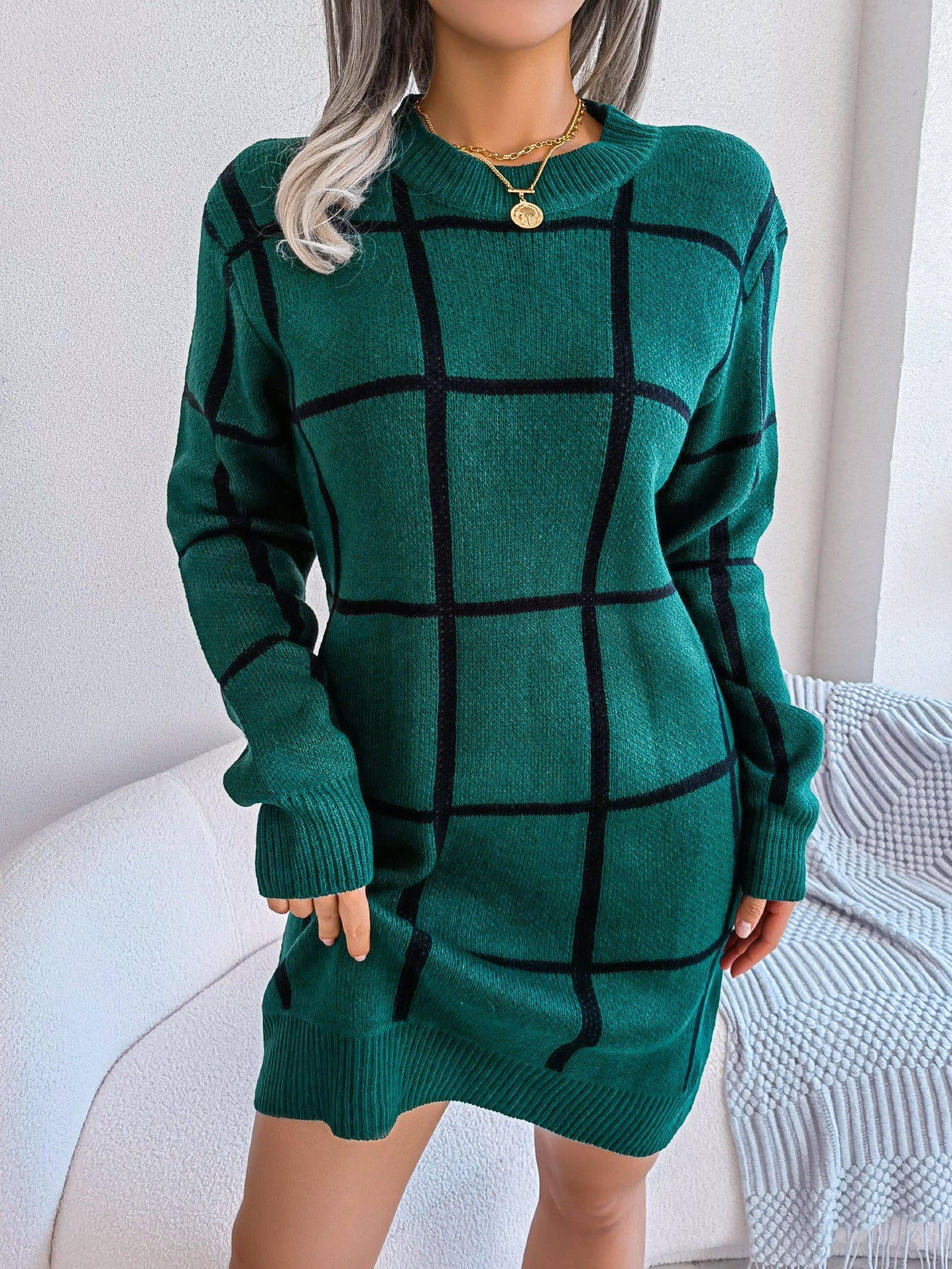 Casual contrasting plaid long sleeved base woolen dress eprolo