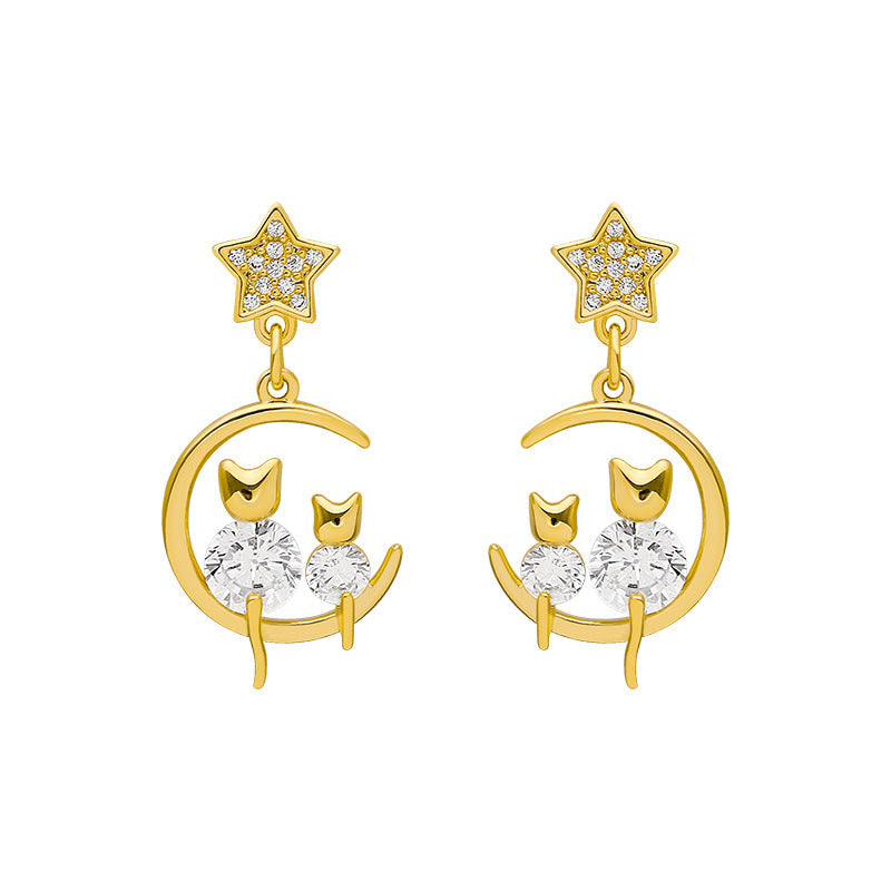925 Silver Needle Korean Personalized Zircon Cat Earrings Mesh Red Korean Edition Diamond Star Moon Earrings Elegant Versatile Women eprolo