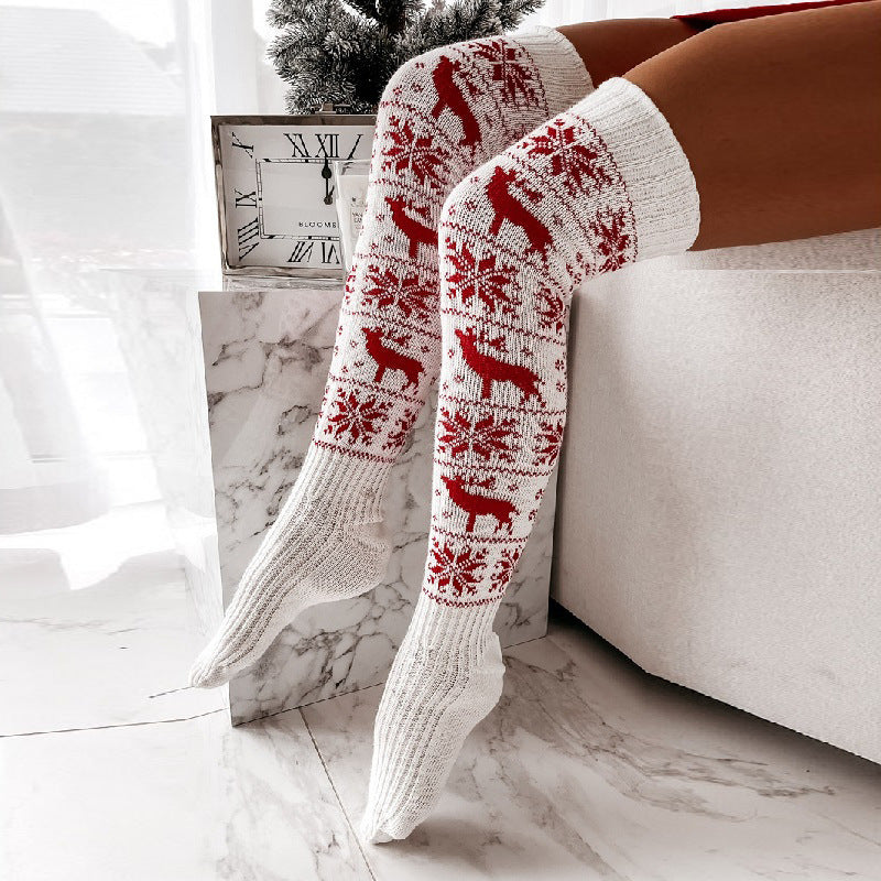 Winter Christmas Warm Knitted Women Stocking Beautiful Elk Snowflake Jacquard Over-the-knee Casual Long Socks For Ladies Gifts Free Size Shopera