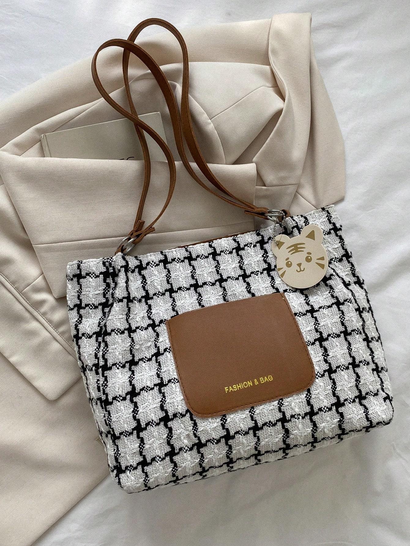 Plaid Shoulder Bag For Women, Large Capacity, Fashionable Commuting Plaid Casual Tote Bag With Pendant Shopera