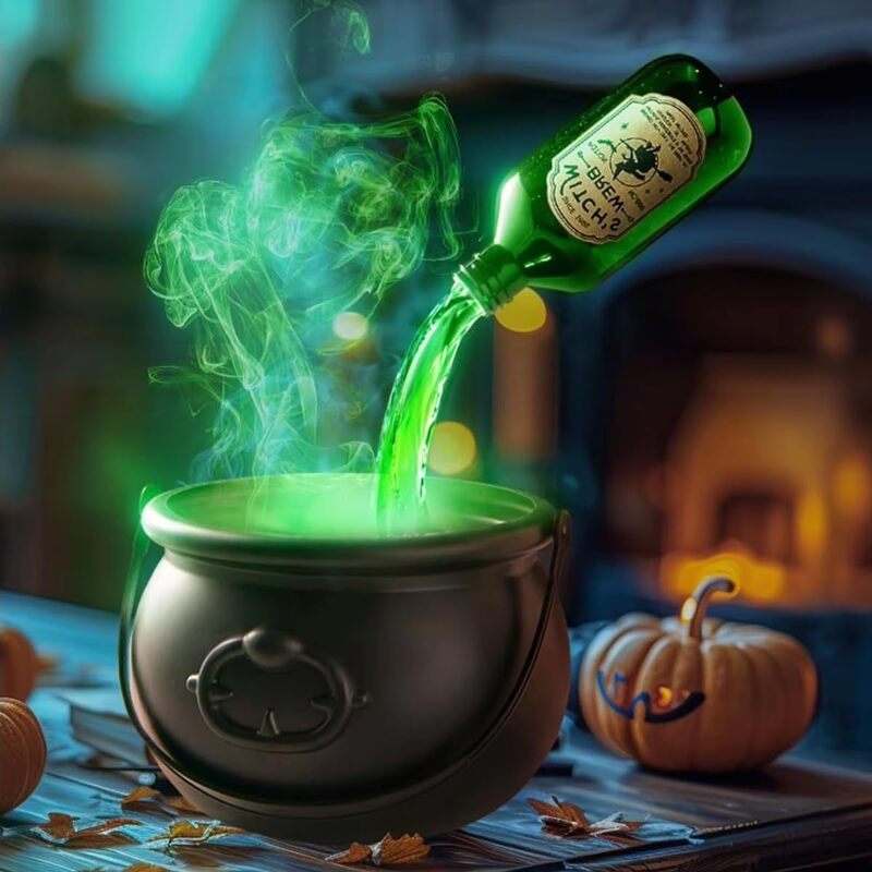 Halloween Spooky Witch Decor: Witch Cauldron, Floating Bottle Fog Machine & Skull LED Light – For Party & Home eprolo