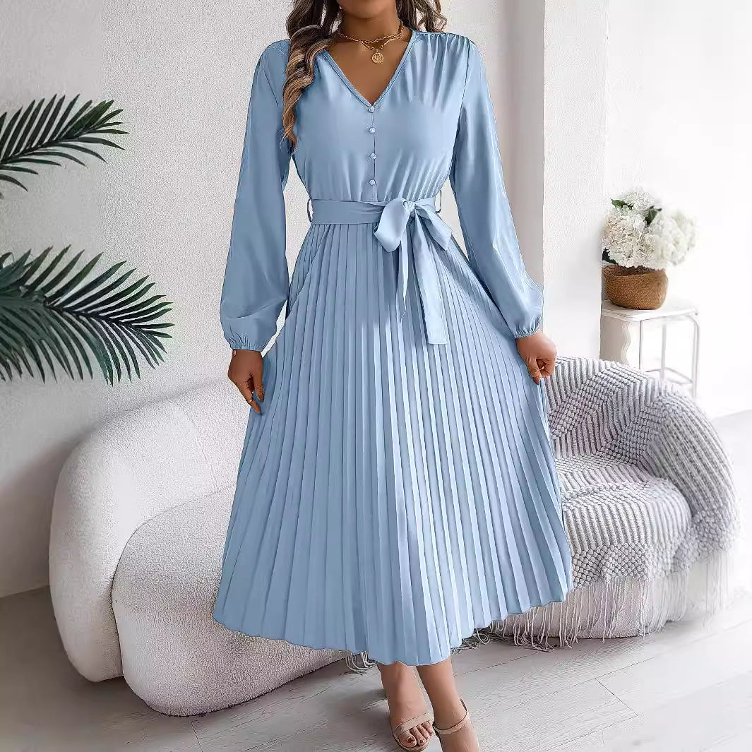 V-neck button tied pleated long skirt dress eprolo