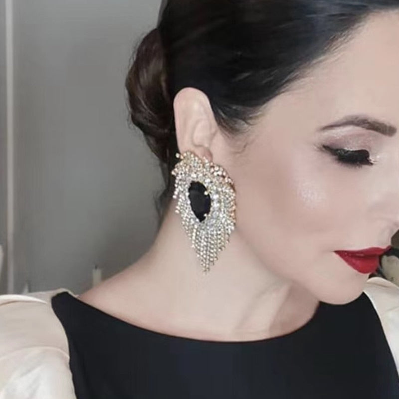 Exaggerated Style Alloy Diamond Rhinestone Water Drop-Shaped Glass Drill Tassel Earrings Female Super Flash Dinner Claw Chain Earrings eprolo