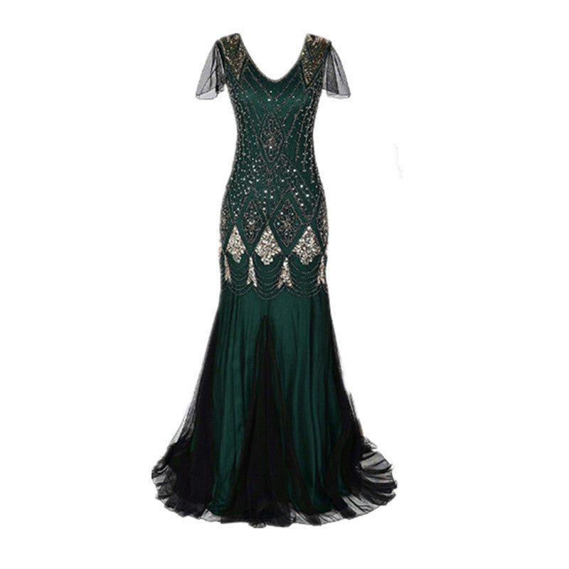 Vintage 1920s Embroidered Beaded Sequin Evening Gown Dress for Women eprolo