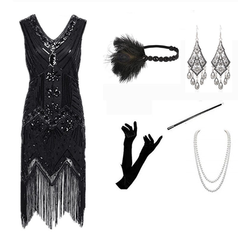 Vintage Gatsby Dress with Front and Back V-Neck Beaded Sequin Fringe 1920s Style Cocktail Party Performance Set eprolo