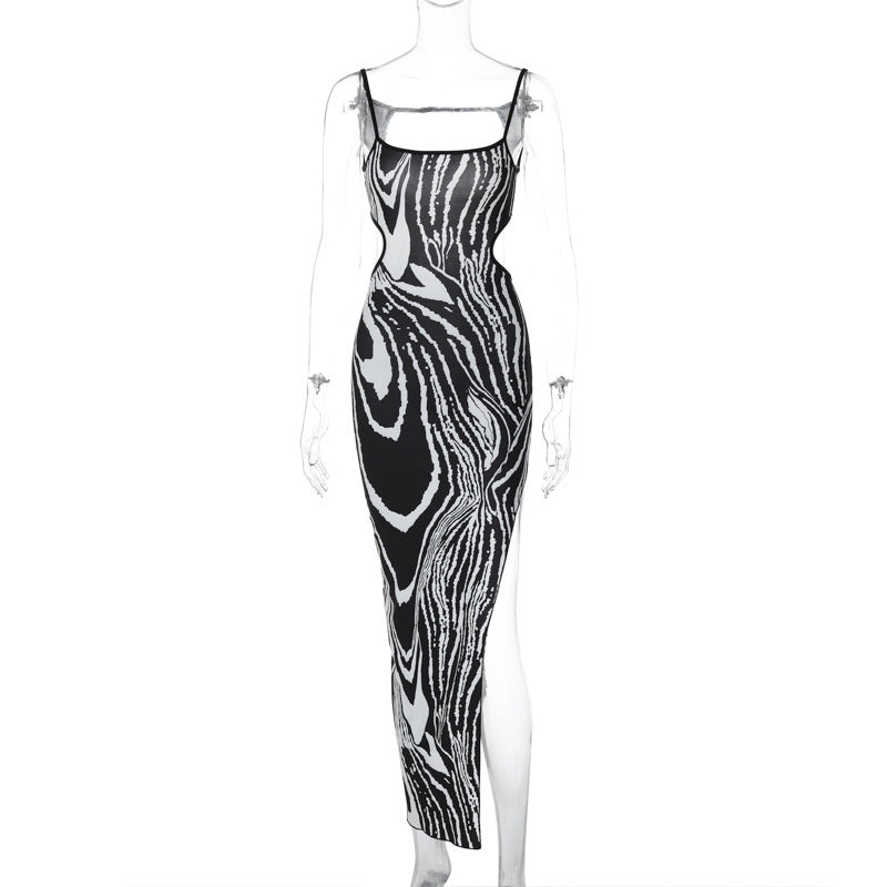 Printed sexy backless hollow slit suspender dress eprolo