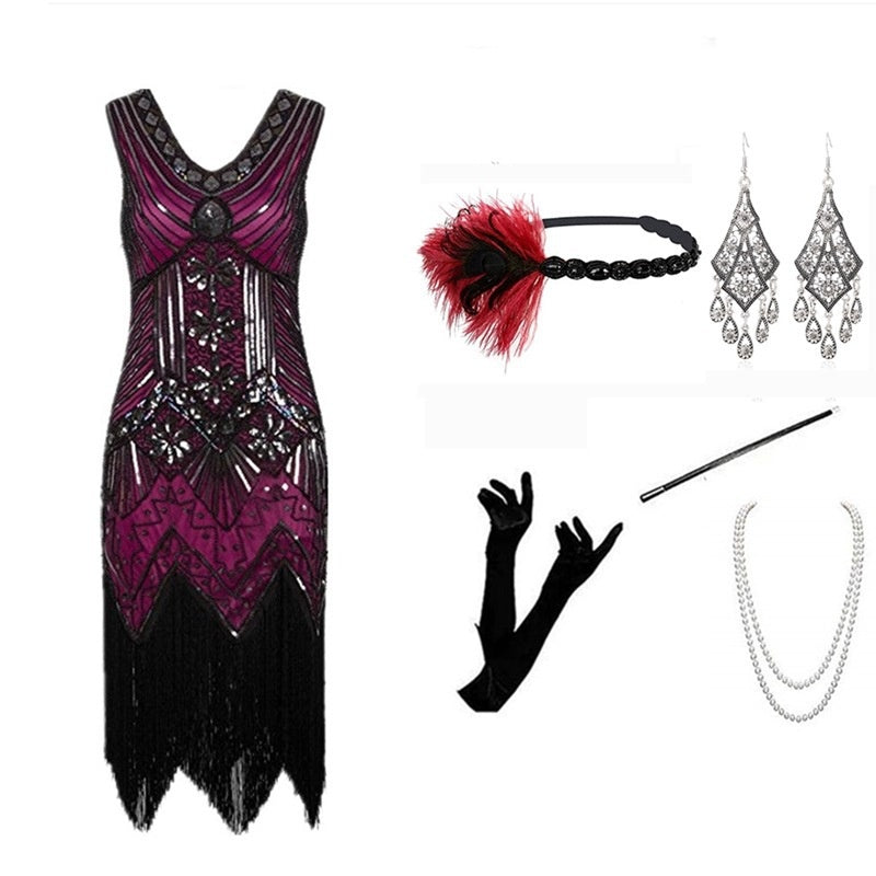 Vintage Gatsby Dress with Front and Back V-Neck Beaded Sequin Fringe 1920s Style Cocktail Party Performance Set eprolo