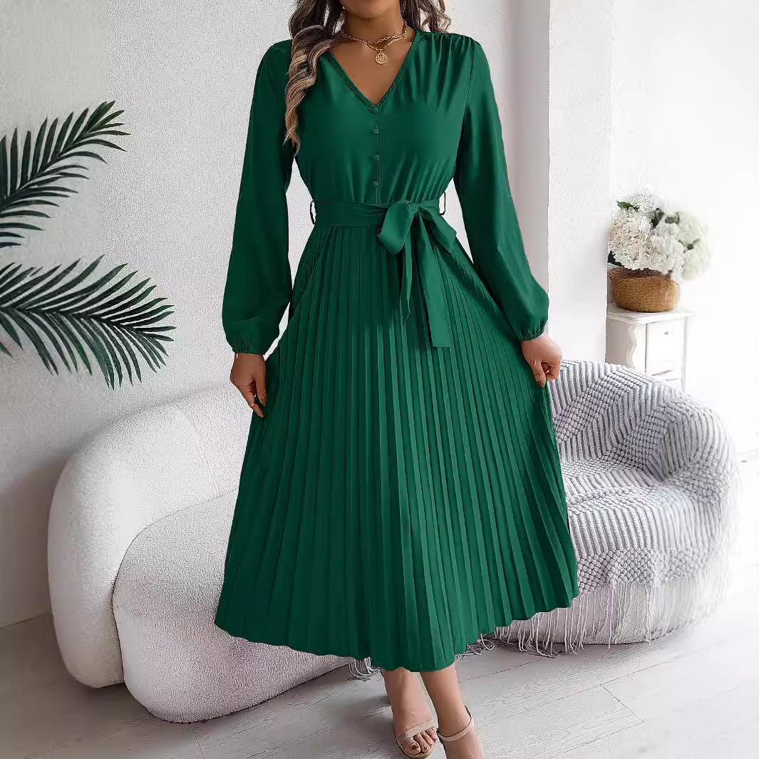 V-neck button tied pleated long skirt dress eprolo