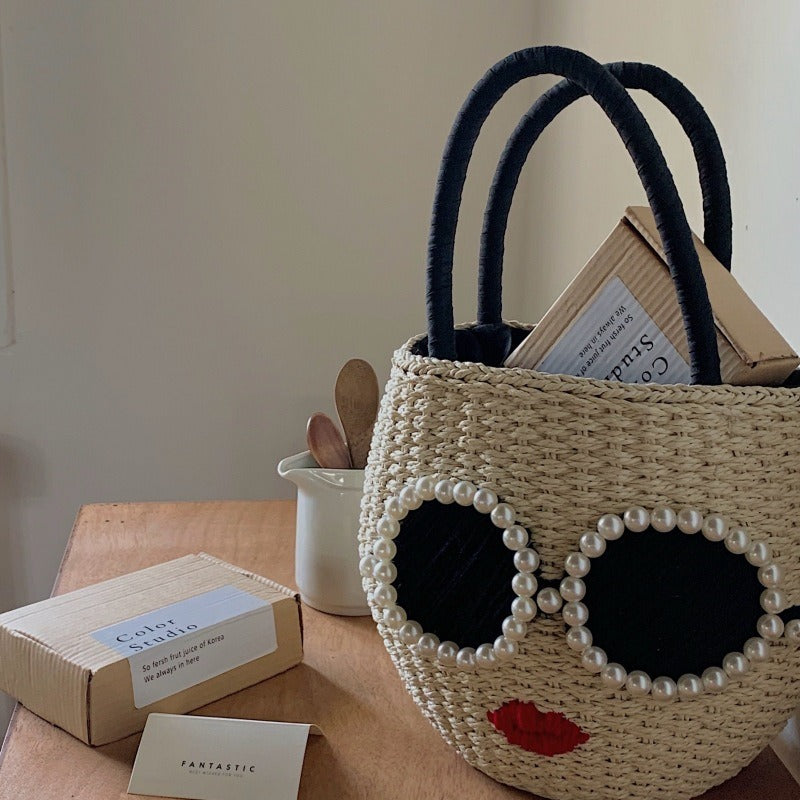 Japanese fashion rattan woven handbag, cute cartoon Japanese style water bucket woven bag eprolo