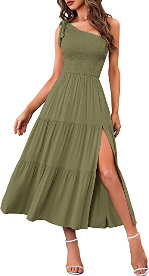 New Summer Fashion Women's One-shoulder Pleated Layered Hem Split Dress Shopera