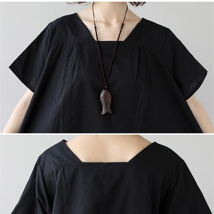 Cotton And Linen Short Sleeve Dress Large Size Women's Mid Length Shopera