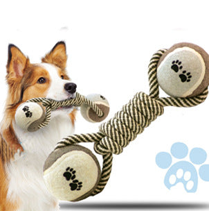 Dog Rope Chew Toy – Dumbbell Shape with Tennis Ball for Teeth Cleaning